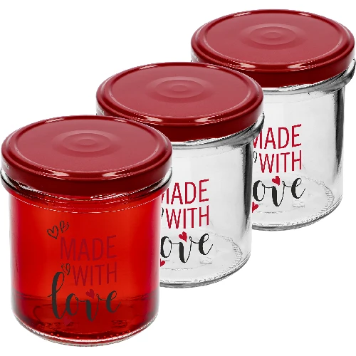 346 mL twist-off jar with a “Made With Love” print – maroon lid Ø82/6, 3 pcs - shrinkwrap pack  - 1 ['printed jar', ' preserving jars', ' decorative jars', ' jar with inscription', ' decorative jar', ' jam jars', ' glass jar with screw cap', ' preserving jar with screw cap', ' TO jar', ' twist-off jar']