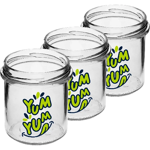 346 ml twist-off jar with a “Yum Yum” print – black lid Ø82/6, 3 pcs - cardboard box - 3 ['printed jar', ' preserving jars', ' decorative jars', ' statement jar', ' decorative jar', ' jam jars', ' glass jar with cap', ' preserving jar with cap']