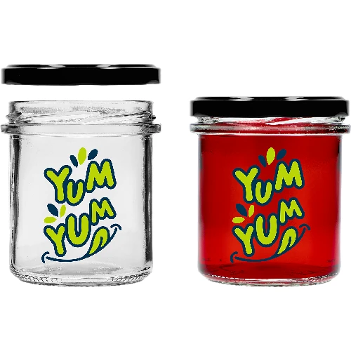 346 ml twist-off jar with a “Yum Yum” print – black lid Ø82/6, 3 pcs - cardboard box - 4 ['printed jar', ' preserving jars', ' decorative jars', ' statement jar', ' decorative jar', ' jam jars', ' glass jar with cap', ' preserving jar with cap']