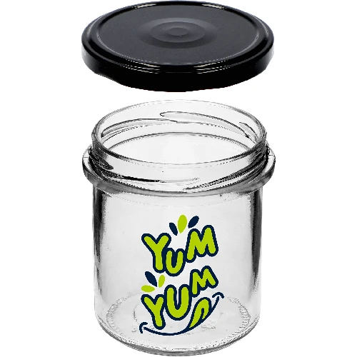 346 ml twist-off jar with a “Yum Yum” print – black lid Ø82/6, 3 pcs - cardboard box - 5 ['printed jar', ' preserving jars', ' decorative jars', ' statement jar', ' decorative jar', ' jam jars', ' glass jar with cap', ' preserving jar with cap']