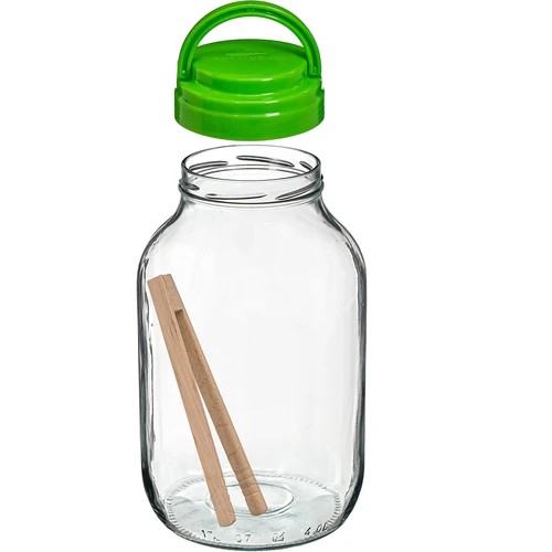 4 L twist off glass jar with plastic lid Ø100 and tongs - 3 ['jar', ' glass jar', ' jar with lid', ' jar for pickled cucumbers', ' jar for cucumbers', ' liqueur jar', ' jar for liqueurs', ' jar with tongs', ' cucumber tongs', ' kitchen tongs']