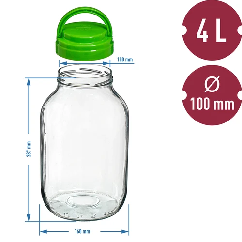 4 L twist off glass jar with plastic lid Ø100 and tongs - 6 ['jar', ' glass jar', ' jar with lid', ' jar for pickled cucumbers', ' jar for cucumbers', ' liqueur jar', ' jar for liqueurs', ' jar with tongs', ' cucumber tongs', ' kitchen tongs']