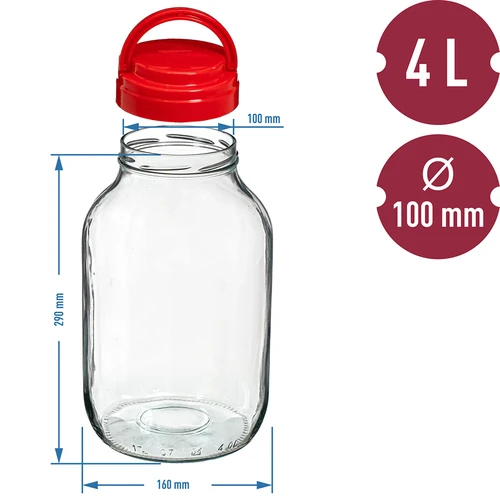 4 L twist off glass jar with plastic lid Ø100 with handle - 6 ['jar', ' glass jar', ' jar with lid', ' jar for pickled cucumbers', ' jar for cucumbers', ' liqueur jar', ' jar for liqueurs', ' jar with tongs', ' cucumber tongs', ' kitchen tongs']