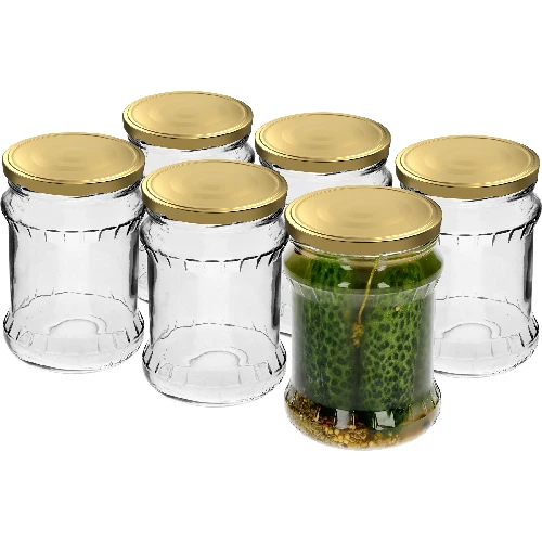 500 ml “Fisz” fluted jar with golden Ø82/6 lid, 6 pcs - 2 ['glass jar', ' large jar', ' jar', ' jar for brine-pickling of cucumbers', ' jar for cucumbers', ' jar for preserves', ' flour jar', ' soup jar', ' 500 ml jar', ' jar with twist-off lid', ' preserve jar', ' jar for preserving food', ' honey jar']