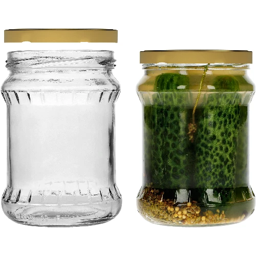 500 ml “Fisz” fluted jar with golden Ø82/6 lid, 6 pcs - 4 ['glass jar', ' large jar', ' jar', ' jar for brine-pickling of cucumbers', ' jar for cucumbers', ' jar for preserves', ' flour jar', ' soup jar', ' 500 ml jar', ' jar with twist-off lid', ' preserve jar', ' jar for preserving food', ' honey jar']