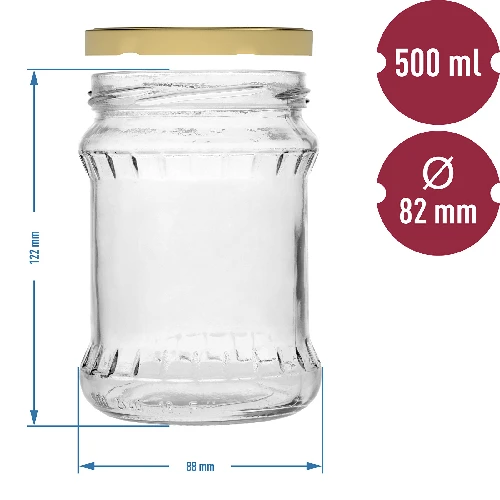 500 ml “Fisz” fluted jar with golden Ø82/6 lid, 6 pcs - 5 ['glass jar', ' large jar', ' jar', ' jar for brine-pickling of cucumbers', ' jar for cucumbers', ' jar for preserves', ' flour jar', ' soup jar', ' 500 ml jar', ' jar with twist-off lid', ' preserve jar', ' jar for preserving food', ' honey jar']