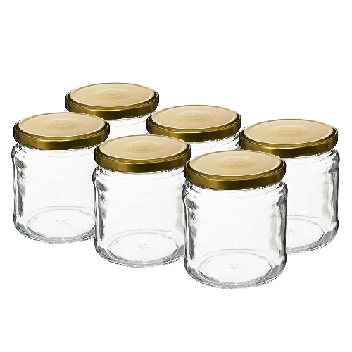 500ml twist off glass jar with golden lid Ø82/6 - 6 pcs. - 2 ['jars', ' small jars', ' jar', ' glass jar', ' glass jars', ' jar with lid', ' jars for preserves', ' canning jars', ' jars for spices', ' jam jar', ' jar for jam', ' honey jar', ' jar for honey ']