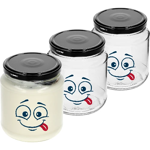 580 ml twist-off jar with face print and Ø82/6 lid - 3 pcs  - 1 ['jars', ' glass jar', ' glass jars', ' jar with lid', ' printed jar', ' dinner jar', ' food jar', ' jar', ' set of jars', ' Ø82 jars with lids 6 hooks', ' jars with black lids', ' for preserves']