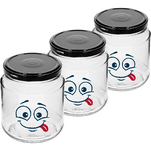 580 ml twist-off jar with face print and Ø82/6 lid - 3 pcs - 2 ['jars', ' glass jar', ' glass jars', ' jar with lid', ' printed jar', ' dinner jar', ' food jar', ' jar', ' set of jars', ' Ø82 jars with lids 6 hooks', ' jars with black lids', ' for preserves']