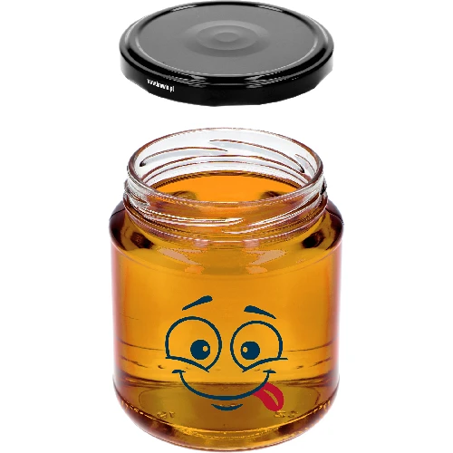 580 ml twist-off jar with face print and Ø82/6 lid - 3 pcs - 6 ['jars', ' glass jar', ' glass jars', ' jar with lid', ' printed jar', ' dinner jar', ' food jar', ' jar', ' set of jars', ' Ø82 jars with lids 6 hooks', ' jars with black lids', ' for preserves']