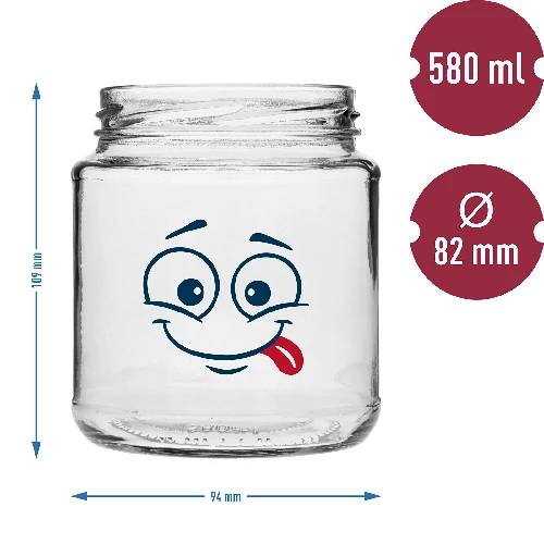 580 ml twist-off jar with face print and Ø82/6 lid - 3 pcs - 7 ['jars', ' glass jar', ' glass jars', ' jar with lid', ' printed jar', ' dinner jar', ' food jar', ' jar', ' set of jars', ' Ø82 jars with lids 6 hooks', ' jars with black lids', ' for preserves']