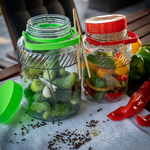 5l glass jar with green plastic cap and tongs - 7 ['large jar', ' jar large', ' large glass jar', ' canning jar', ' for pickling', ' for cucumbers', ' for cabbage', ' industrial jar', ' jar with tongs', ' jar tongs', ' cucumber tongs']