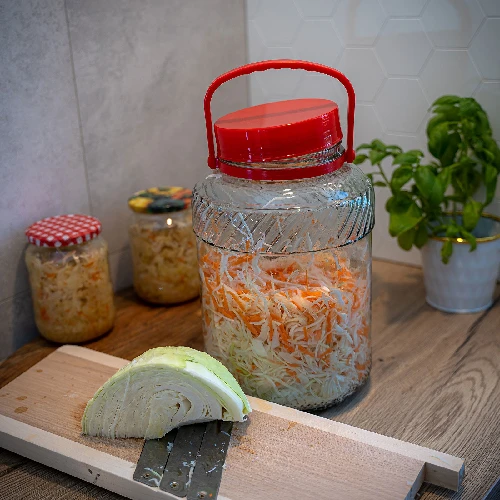 5l glass jar with plastic cap - 9 ['large jar', ' jar large', ' large glass jar', ' canning jar', ' for pickling', ' for cucumbers', ' doe cabbage', ' industrial jar', ' jar with tings', ' jar tongs', ' cucumber tings']