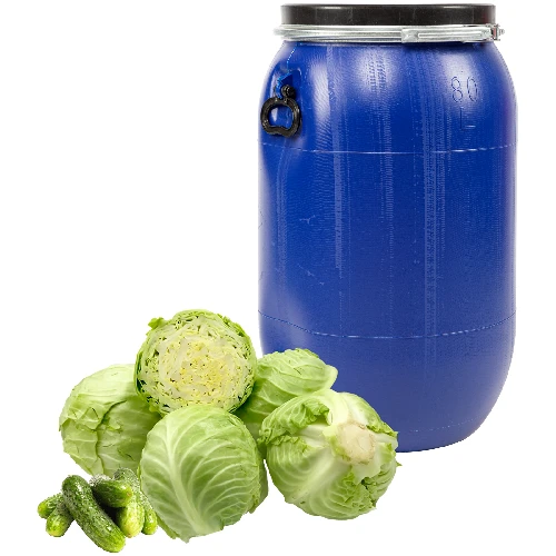 80 L Barrel / Drum with clamp ring, blue colour - 4 ['pickling barrels', ' cucumber barrel', ' cabbage barrel', ' cucumber pickling barrel', ' cabbage pickling barrel', ' rain barrel', ' rain barrel', ' barrel for collecting rainwater', ' lockable barrel', ' food barrel', ' barrel with clamping ring', ' plastic barrel', ' good barrel', ' blue barrel']