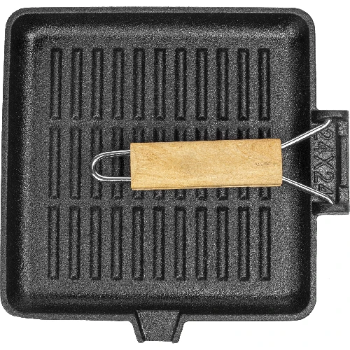 Rectangle Cast Iron Grill: Skillet Pan/ Foldable Wooden Handle 35x21cm