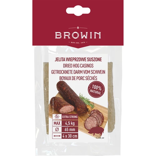 Dried hog casings, size 65 mm, 30 cm - 4 pcs  - 1 ['natural casings', ' pork casings', ' dried casings', ' casings for meat processing', ' sausage casings', ' casings for sausages', ' for smoked sausage', ' for scalded sausage', ' homemade processed meat', ' homemade sausage', ' Krakowska sausage', ' Żywiecka sausage']