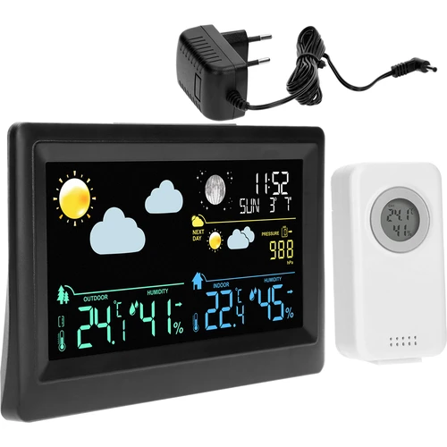 Electronic weather station - wireless, with sensor, black  - 1 ['wireless weather station', ' outdoor and indoor temperature measurement', ' humidity measurement', ' weather station with calendar', ' weather station with alarm clock', ' accurate weather station', ' weather station', ' electronic weather station', ' universal weather station', ' perfect weather forecast device', ' temperature control', ' weather assistant', ' humidity sensor', ' hygrometer', ' barometer', ' atmospheric pressure measurement', ' weather assistant', ' moon phases', ' gift idea', ' trends', ' weather station with colour display']