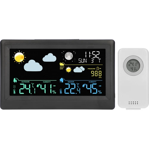 Electronic weather station - wireless, with sensor, black - 2 ['wireless weather station', ' outdoor and indoor temperature measurement', ' humidity measurement', ' weather station with calendar', ' weather station with alarm clock', ' accurate weather station', ' weather station', ' electronic weather station', ' universal weather station', ' perfect weather forecast device', ' temperature control', ' weather assistant', ' humidity sensor', ' hygrometer', ' barometer', ' atmospheric pressure measurement', ' weather assistant', ' moon phases', ' gift idea', ' trends', ' weather station with colour display']