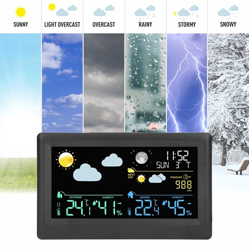 Electronic weather station - wireless, with sensor, black - 8 ['wireless weather station', ' outdoor and indoor temperature measurement', ' humidity measurement', ' weather station with calendar', ' weather station with alarm clock', ' accurate weather station', ' weather station', ' electronic weather station', ' universal weather station', ' perfect weather forecast device', ' temperature control', ' weather assistant', ' humidity sensor', ' hygrometer', ' barometer', ' atmospheric pressure measurement', ' weather assistant', ' moon phases', ' gift idea', ' trends', ' weather station with colour display']