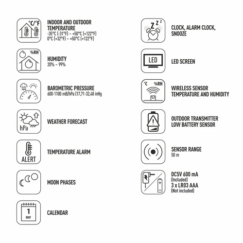 Electronic weather station - wireless, with sensor, black - 11 ['wireless weather station', ' outdoor and indoor temperature measurement', ' humidity measurement', ' weather station with calendar', ' weather station with alarm clock', ' accurate weather station', ' weather station', ' electronic weather station', ' universal weather station', ' perfect weather forecast device', ' temperature control', ' weather assistant', ' humidity sensor', ' hygrometer', ' barometer', ' atmospheric pressure measurement', ' weather assistant', ' moon phases', ' gift idea', ' trends', ' weather station with colour display']