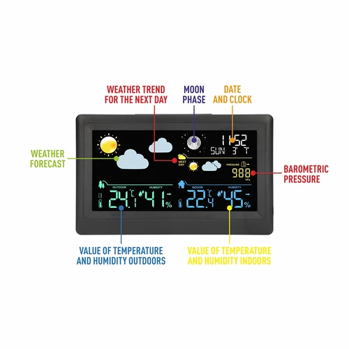 Electronic weather station - wireless, with sensor, black - 7 ['wireless weather station', ' outdoor and indoor temperature measurement', ' humidity measurement', ' weather station with calendar', ' weather station with alarm clock', ' accurate weather station', ' weather station', ' electronic weather station', ' universal weather station', ' perfect weather forecast device', ' temperature control', ' weather assistant', ' humidity sensor', ' hygrometer', ' barometer', ' atmospheric pressure measurement', ' weather assistant', ' moon phases', ' gift idea', ' trends', ' weather station with colour display']