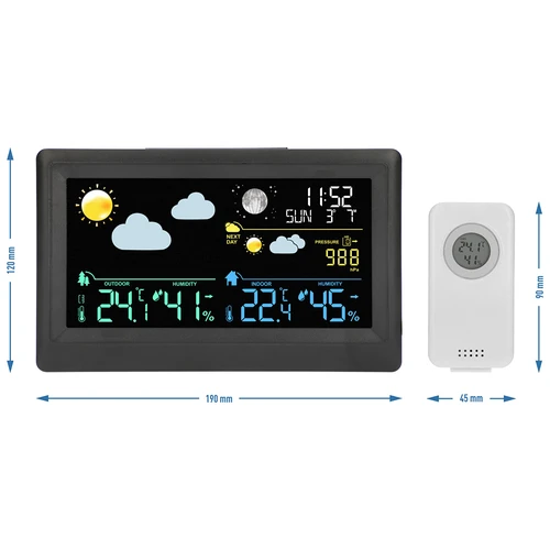 Electronic weather station - wireless, with sensor, black - 12 ['wireless weather station', ' outdoor and indoor temperature measurement', ' humidity measurement', ' weather station with calendar', ' weather station with alarm clock', ' accurate weather station', ' weather station', ' electronic weather station', ' universal weather station', ' perfect weather forecast device', ' temperature control', ' weather assistant', ' humidity sensor', ' hygrometer', ' barometer', ' atmospheric pressure measurement', ' weather assistant', ' moon phases', ' gift idea', ' trends', ' weather station with colour display']