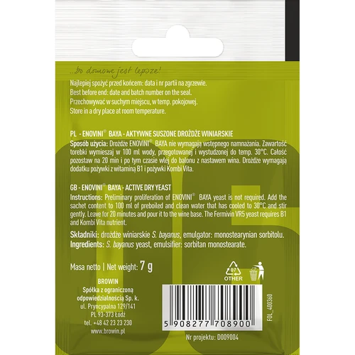 Enovini BAYA winemaking yeast, 7 g - 2 ['noble yeast', ' winemaking yeast', ' dried winemaking yeast', ' Enovini Baya', ' yeast for white wine', ' for rose wine', ' for sparkling wine', ' bayanus yeast', ' yeast for restarting fermentation', ' yeast for fermentation']