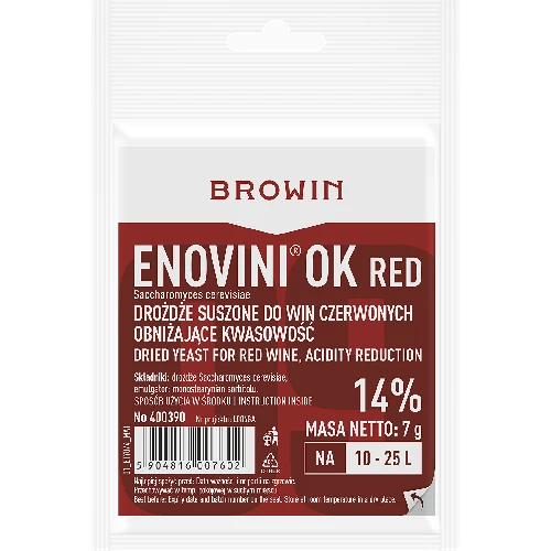 Enovini® OK RED - acidity-reducing winemaking yeast, 7 g  - 1 ['yeast for dark grapes', ' yeast for cherries', ' cherry wine', ' grape wine', ' acidity reducing yeast', ' yeast for red wine', ' dried yeast', ' homemade wine', ' acidity reducing yeast', ' Enovini yeast', ' Browin winemaking yeast']