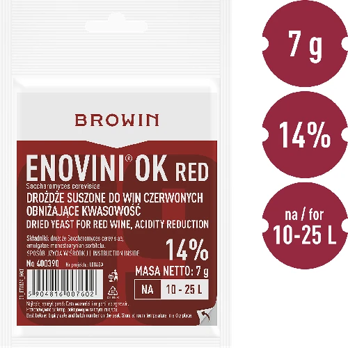 Enovini® OK RED - acidity-reducing winemaking yeast, 7 g - 4 ['yeast for dark grapes', ' yeast for cherries', ' cherry wine', ' grape wine', ' acidity reducing yeast', ' yeast for red wine', ' dried yeast', ' homemade wine', ' acidity reducing yeast', ' Enovini yeast', ' Browin winemaking yeast']