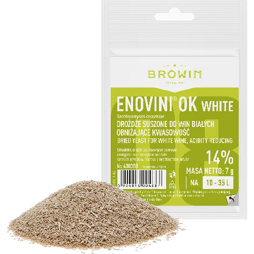 Enovini® OK WHITE yeast - acidity reducing, 7 g - 2 ['yeast for apples', ' yeast for white grapes', ' apple wine', ' grape wine', ' acidity reducing yeast', ' yeast for white wine', ' dried yeast', ' homemade wine']