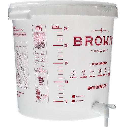 Fermentation bucket 30 L with printing, tap and plastic airlock UA - 5 ['fermentation container', ' fermentation bucket', ' fermentation bucket', ' fermentation containers', ' fermentation container for wine', ' fermentation bucket with tap', ' biowin fermentation bucket', ' brow fermentation bucket']