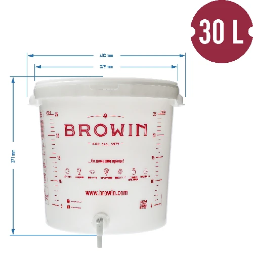 Fermentation bucket 30 L with printing, tap and plastic airlock UA - 14 ['fermentation container', ' fermentation bucket', ' fermentation bucket', ' fermentation containers', ' fermentation container for wine', ' fermentation bucket with tap', ' biowin fermentation bucket', ' brow fermentation bucket']