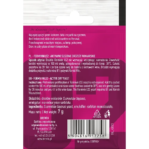 Fermivin LS2 winemaking yeast, 7 g - 2 ['noble yeast', ' winemaking yeast', ' dried winemaking yeast', ' Fermivin LS2', ' yeast for red wine', ' for rose wine', ' for sparkling wine', ' yeast for restarting wine', ' yeast for restarting fermentation', ' yeast for fermentation']