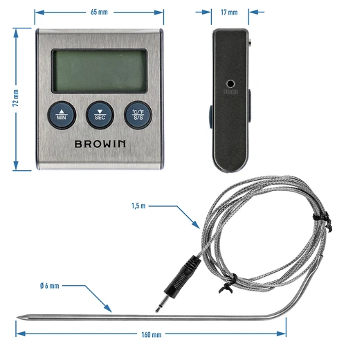 Food thermometer with probe (0°C to 250°C) - 9 ['thermometer with probe', ' electronic thermometer', ' kitchen thermometer', ' food thermometer', ' thermometer for roasting', ' for frying', ' for cooking', ' for meat', ' for cakes']