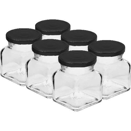 Four Corners - 120 ml twist-off jar Ø53 with a black lid, 6 pcs  - 1 ['jars for preserves', ' 120 mL jars', ' jars with twist-off lids', ' jars with safety button lids', ' set of jars', ' preserve jars', ' jars with colourful lids', ' colourful lids', ' jam jars', ' jars for seasonings', ' jar', ' jar with lid']