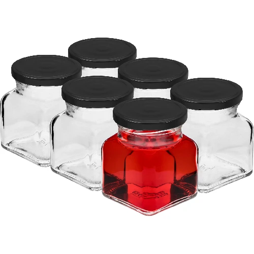 Four Corners - 120 ml twist-off jar Ø53 with a black lid, 6 pcs - 2 ['jars for preserves', ' 120 mL jars', ' jars with twist-off lids', ' jars with safety button lids', ' set of jars', ' preserve jars', ' jars with colourful lids', ' colourful lids', ' jam jars', ' jars for seasonings', ' jar', ' jar with lid']