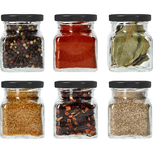 Four Corners - 120 ml twist-off jar Ø53 with a black lid, 6 pcs - 7 ['jars for preserves', ' 120 mL jars', ' jars with twist-off lids', ' jars with safety button lids', ' set of jars', ' preserve jars', ' jars with colourful lids', ' colourful lids', ' jam jars', ' jars for seasonings', ' jar', ' jar with lid']