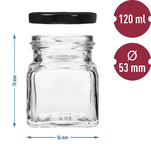 Four Corners - 120 ml twist-off jar Ø53 with a black lid, 6 pcs - 6 ['jars for preserves', ' 120 mL jars', ' jars with twist-off lids', ' jars with safety button lids', ' set of jars', ' preserve jars', ' jars with colourful lids', ' colourful lids', ' jam jars', ' jars for seasonings', ' jar', ' jar with lid']