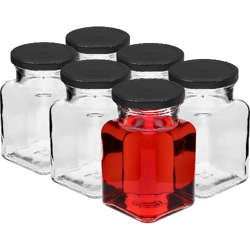 Four Corners - 150 ml twist-off jar Ø53 with a black lid, 6 pcs - 2 ['jars for preserves', ' 150 mL jars', ' jars with twist-off lids', ' jars with safety button lids', ' set of jars', ' preserve jars', ' jars with colourful lids', ' colourful lids', ' jam jars', ' jars for seasonings', ' jar', ' jar with lid']