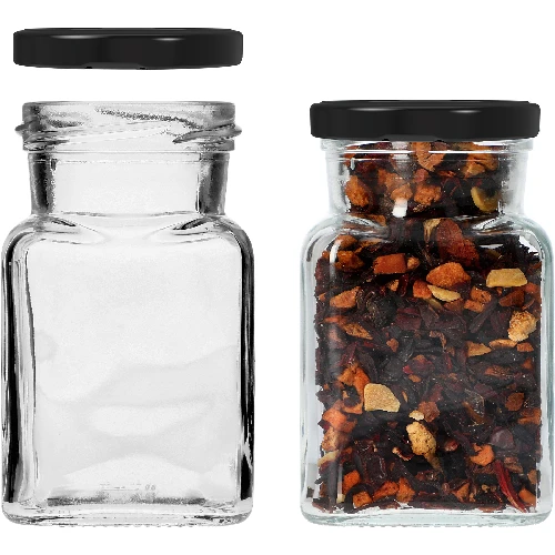 Four Corners - 150 ml twist-off jar Ø53 with a black lid, 6 pcs - 4 ['jars for preserves', ' 150 mL jars', ' jars with twist-off lids', ' jars with safety button lids', ' set of jars', ' preserve jars', ' jars with colourful lids', ' colourful lids', ' jam jars', ' jars for seasonings', ' jar', ' jar with lid']