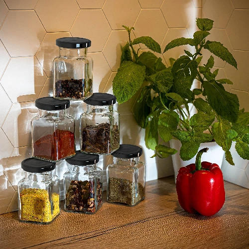 Four Corners - 150 ml twist-off jar Ø53 with a black lid, 6 pcs - 9 ['jars for preserves', ' 150 mL jars', ' jars with twist-off lids', ' jars with safety button lids', ' set of jars', ' preserve jars', ' jars with colourful lids', ' colourful lids', ' jam jars', ' jars for seasonings', ' jar', ' jar with lid']