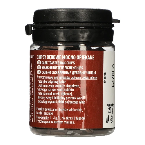 Heavily toasted oak wood chips, 20 g  - 1 ['dark toasted oak shavings', ' oak shavings', ' oak flakes', ' wine flakes', ' wine oak flakes', ' wine aging', ' wine flavouring', ' for alcohol', ' additives for alcohol', ' flavour additives']