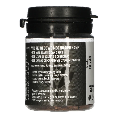 Heavily toasted oak wood chips, 20 g  - 1 ['oak chips', ' dark toasted oak chips', ' oak flakes', ' for alcohol', ' alcohol additives', ' flavour additives', ' roasted oak flakes', ' heavily roasted oak chips', ' wine flavouring', ' beer flavouring', ' alcohol flavouring']