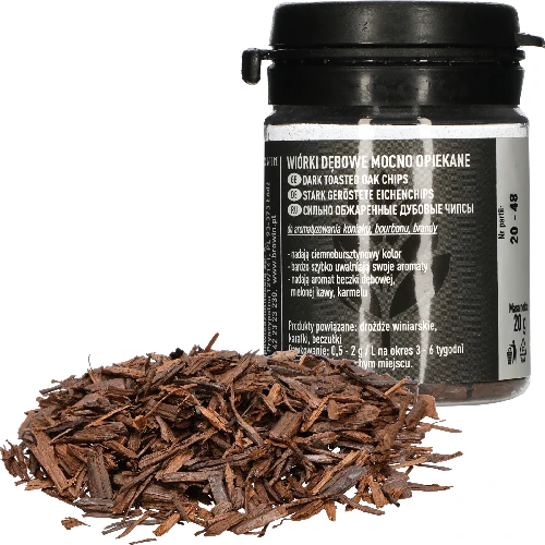 Heavily toasted oak wood chips, 20 g - 4 ['oak chips', ' dark toasted oak chips', ' oak flakes', ' for alcohol', ' alcohol additives', ' flavour additives', ' roasted oak flakes', ' heavily roasted oak chips', ' wine flavouring', ' beer flavouring', ' alcohol flavouring']