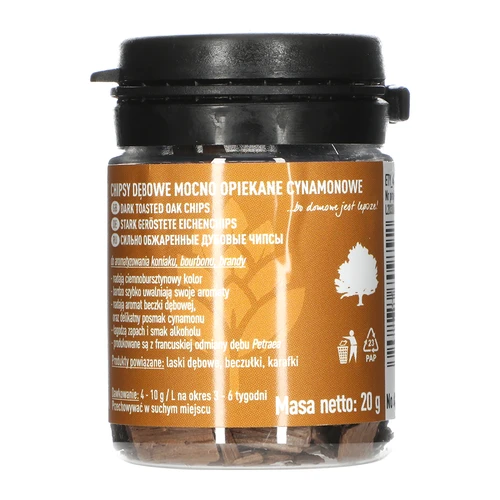 Heavily toasted oak wood chips - cinnamon, 20 g  - 1 ['oak shavings', ' dark toasted oak shavings', ' oak flakes', ' cinnamon oak flakes', ' for alcohol', ' alcohol additives', ' flavour additives']