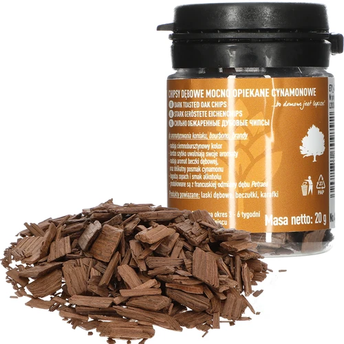 Heavily toasted oak wood chips - cinnamon, 20 g - 3 ['oak shavings', ' dark toasted oak shavings', ' oak flakes', ' cinnamon oak flakes', ' for alcohol', ' alcohol additives', ' flavour additives']