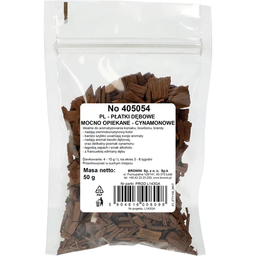 Heavily toasted oak wood flakes, cinnamon aroma, 50 g - 2 ['oak wood chips', ' strongly toasted oak wood chips', ' oak flakes', ' cinnamon oak flakes for liquor', ' liquor additives', ' flavouring additives']