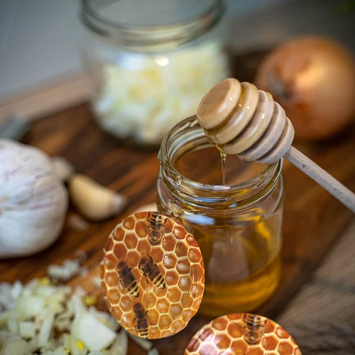 Honeycomb Ø66 twist-off lid - 10 pcs - 5 ['twist-off lid', ' twist-off lids', ' lid', ' lids', ' lids for honey', ' jar lids', ' Ø66', ' jars for honey', ' Ø 66', '  honey storage', ' honey from home apiary', ' honey jars', ' patterned lids or honey', ' honeycomb']