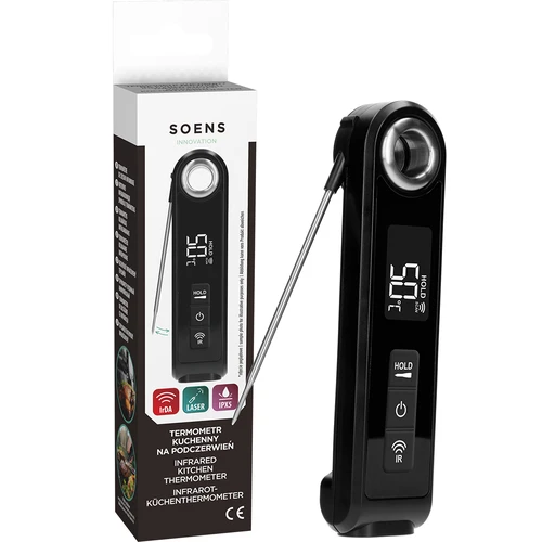 Infrared cooking thermometer, compact, with foldable probe - 10 ['cooking thermometer', ' food thermometer', ' for cooking', ' for smoking', ' for baking', ' meat thermometer', ' cake thermometer', ' universal thermometer', ' best cooking thermometer', ' thermometer with probe', ' infrared thermometer', ' kitchen thermometer', ' gift idea']