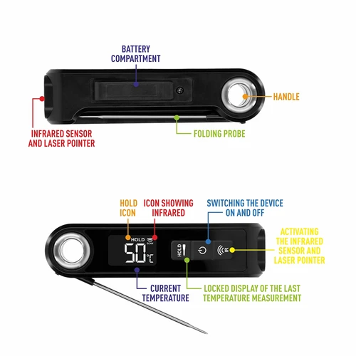 Infrared cooking thermometer, compact, with foldable probe - 9 ['cooking thermometer', ' food thermometer', ' for cooking', ' for smoking', ' for baking', ' meat thermometer', ' cake thermometer', ' universal thermometer', ' best cooking thermometer', ' thermometer with probe', ' infrared thermometer', ' kitchen thermometer', ' gift idea']